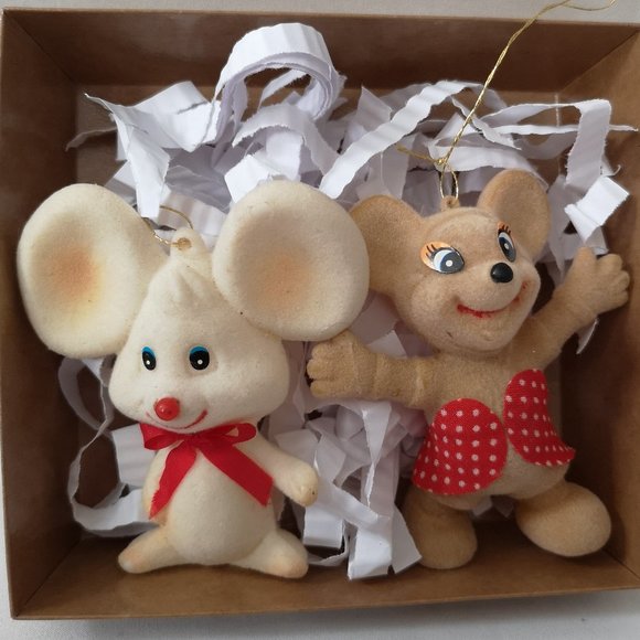 Adorable Set of Two Vintage Flocked Mice Holiday Ornaments - Picture 1 of 3